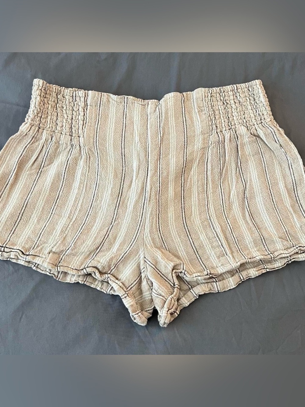 Jolt Beige Striped High-Waist Smocked Shorts